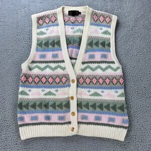 Vintage Eddie Bauer Sweater Vest Womens Large Fair Isle Cotton 1990 Button Down